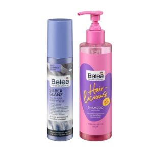 Balea Professional Hair Care Set: SILVER GLOSS Spray Care for More Moisture, Shine & Easy Comb (150ml) + HAIRLICIOUS Shampoo for Damaged Hair (250ml)